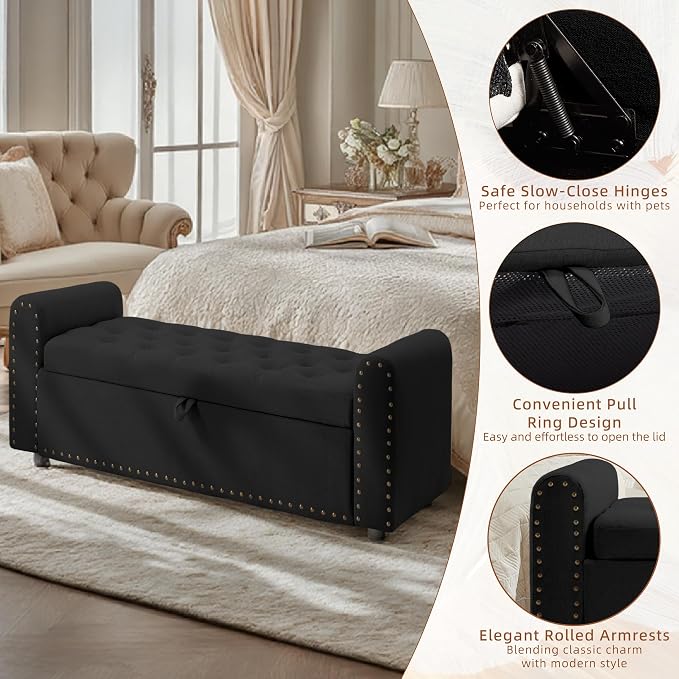 48" Ottoman with Storage, Tufted Storage Ottoman Bench, Convenient Living Room Fabrics Bench Seat, Entryway Shoe Benches with Inner Zipper & Arm, Upholstered Window Seat Ottomans with Rivets, Black