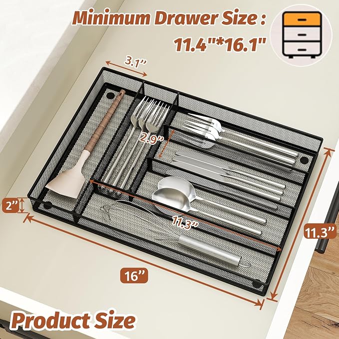 Sedegn mesh silverware tray for drawer: 6 Compartments for Easy Sorting | Sized at 11.3" x 16" for kitchen drawers with non-slip feet, metal mesh design for easy cleaning, organizing flatware Black