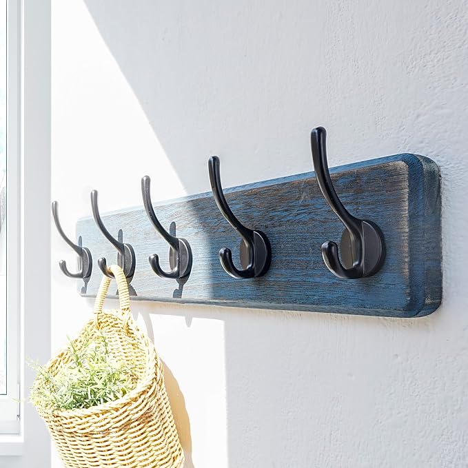 Coat Rack Wall: Patented, Heavy-Duty, 5-Double-Hooks Wooden Wall Mounted Coat Rack Coat Hanger Hook Rail for Winter Coats Hat Jacket Clothing, Weathered Blue