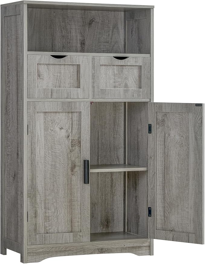 Iwell Storage Cabinet with 2 Drawers & 2 Adjustable Shelves | Kitchen Cabinet, Cupboard, for Living Room, Kitchen, Entryway, Home Office, Grey