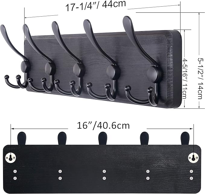 SKOLOO Rustic Wall Mounted Coat Rack: 16" Stud Spacing, Pine Real Wood Plank Wall Coat Rack with 5 Triple Hooks, Farmhouse Coat Hanger Wall Mount for Hanging Backpack Jacket Coat Hat