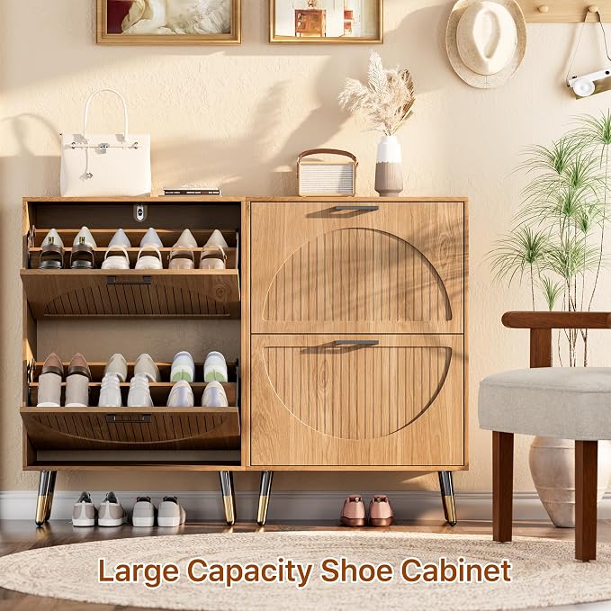 Farmhouse Shoe Cabinet Storage for Entryway, Slim Shoe Rack Cabinet with 2 Flip Drawers, Narrow Shoe Organizer Cabinet with Stylish Round Panel, Metal Leg and Handle