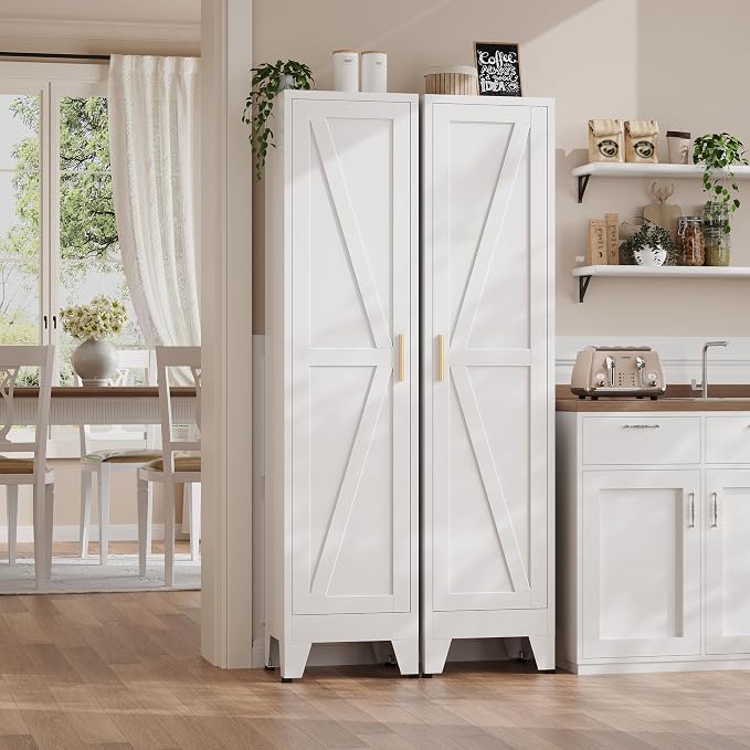 67“H Narrow Pantry Cabinet,Tall Skinny Pantry Storage Cabinet with Adjustable Shelves,Metal Narrow Kitchen Storage Cabinet,Slim and Thin Pantry Cabinets for Living Room Dining Room, White