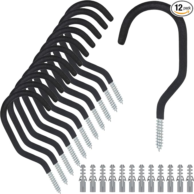 Heavy Duty Screw in Hooks for Hanging, 12 Pack Bike Hooks for Garage Wall with Screw Anchors, Wall Mount Bicycle Storage for Ceiling, Large Black Plant Hooks for Ceiling