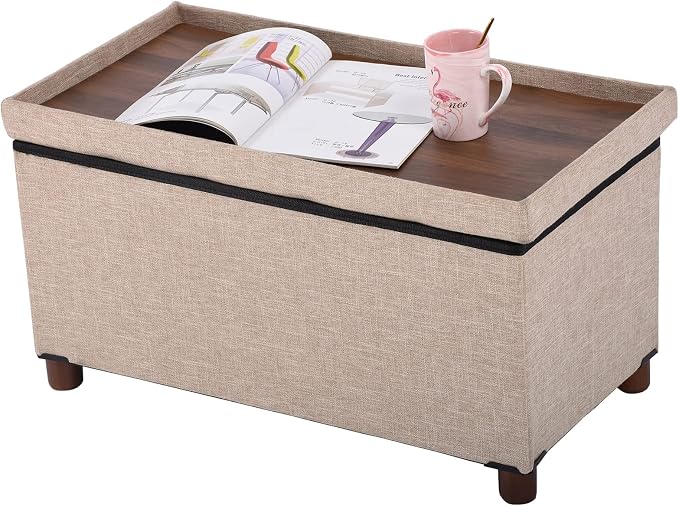 30 Inches Storage Ottoman Bench, Storage Bench with Wooden Legs for Living Room Ottoman Foot Rest Removeable Lid for Bedroom End of Bed, Linen Fabric, Folding Beige Ottoman