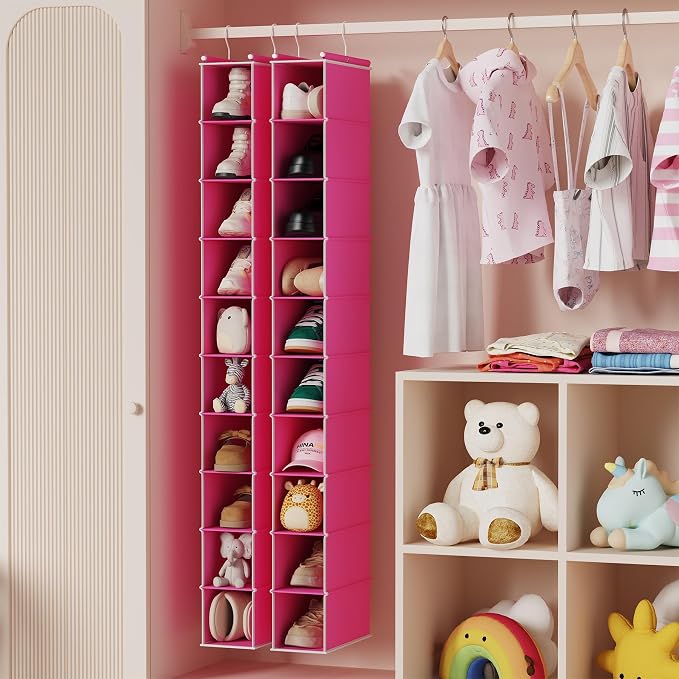 MAX Houser 10 Tier Slim Hanging Shoe Organizer, Narrow Closet Hanging Storage Shelf, Pink