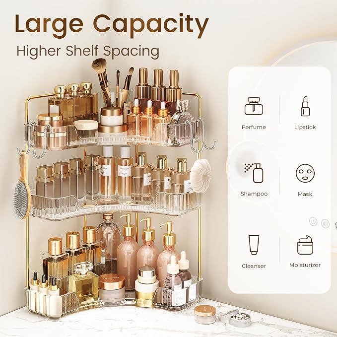 Corner Bathroom Counter Organizer 3-Tier Bathroom Organizer | Storage Countertop with Hooks Perfume Organizers Storage Shelf for Makeup & Skincare Dresser-Clear