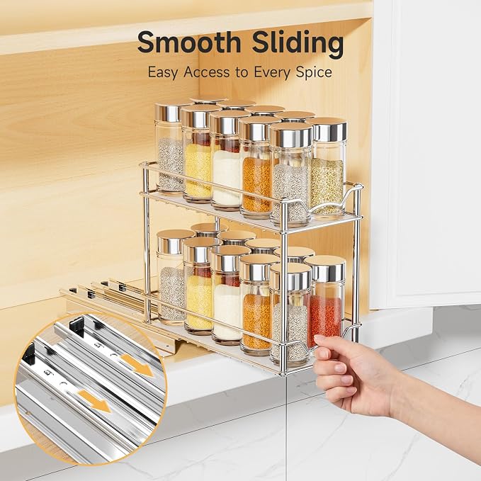 MUDEELA 2 Pack Pull Out Spice Rack for Inside Cabinet, 2 Tier Chrome Spice Organization for Cabinet, Vertical Sliding Out Spice Rack Organizer for Seasoning, 10.4''D×4.8''W×9.3''H