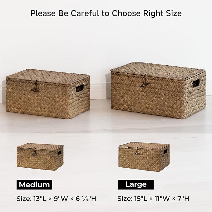 StorageWorks Wicker Baskets with Lid for Organizing, Seagrass Storage Baskets for Shelves, Decorative Box with Built-in Handles, Brown, Large, 1 Pack