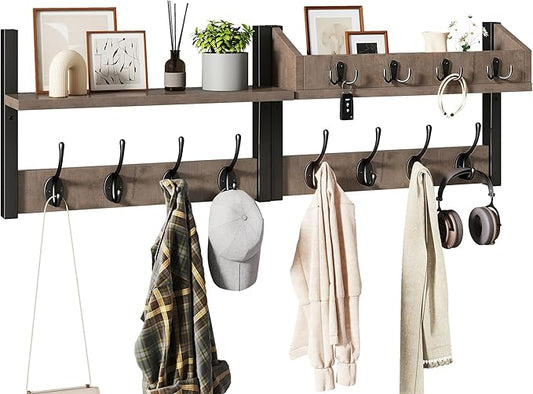 YMYNY 31.5" Coat and Key Rack Wall Mount with Shelf, Silver Gray, HWS007Y-2 | 4-in-1 Coat and Key Hanger with 12 Metal Hooks, Entryway Wall Shelf with Hooks & Mail Holder for Living Room, Bedroom