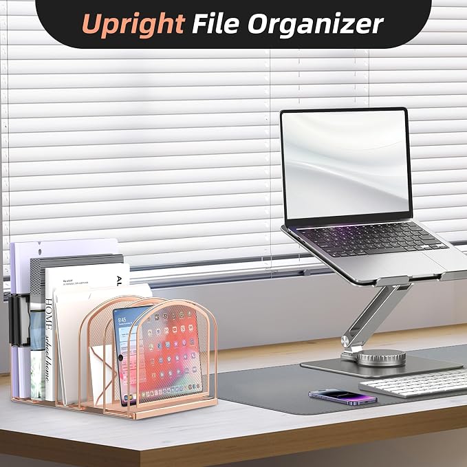 5-Section File Organizer for Desk, Metal File Folder Holder, Rose Gold | 5 Vertical Compartments with Sturdy Metal Base for Office Documents Books Magazines and Laptop