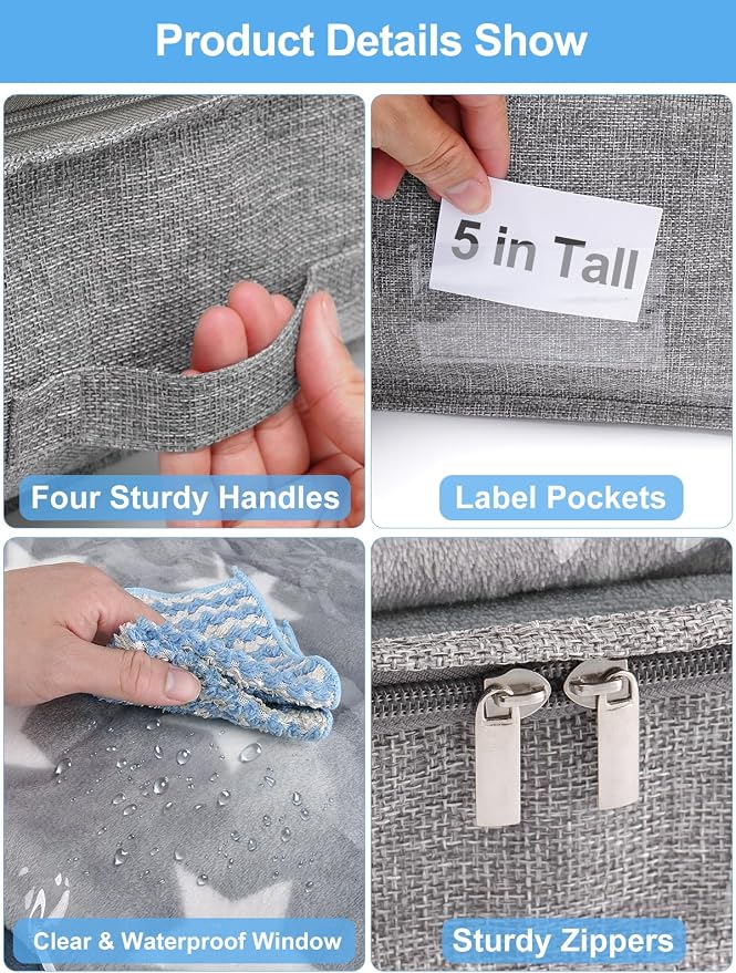 punemi 5 inch High Soft Fabric Low Profile Under Bed Storage, 4 Pack, Grey | Thin Clothes Storage Containers with 3 Handles & Clear Lid, Ideal for Bedding & Blankets, Fits Under Cribs, Sofas & Dorm Beds