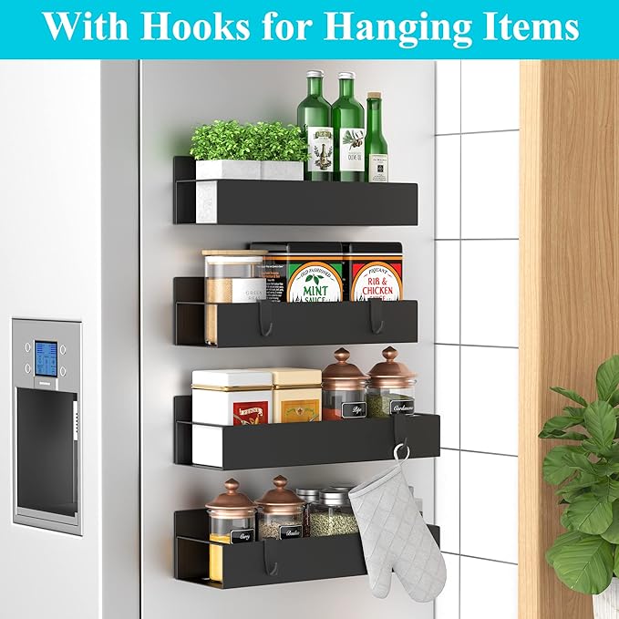 HuggieGems 4 Pack Magnetic Spice Storage Rack Organizer for Refrigerator and Oven, Matt Black Fridge Organizers and Storage