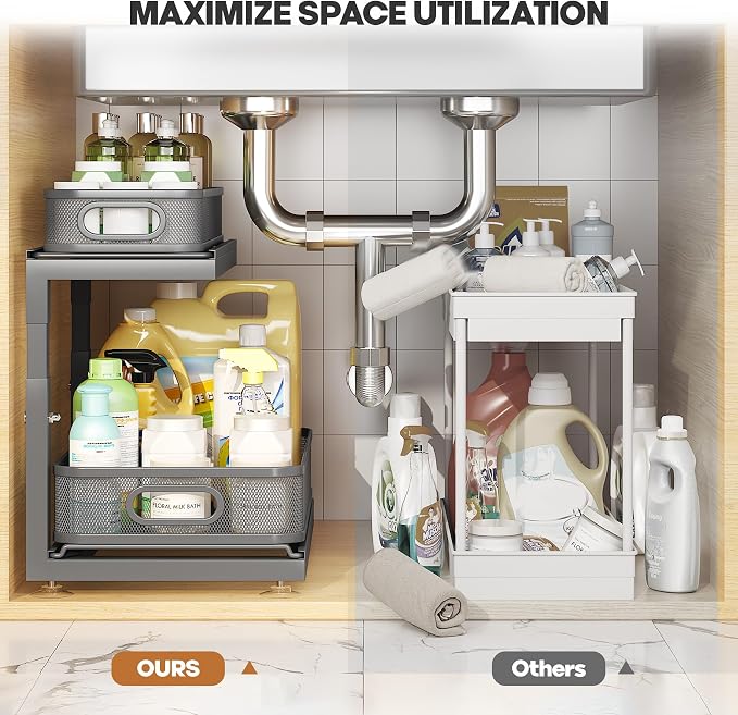 2-Pack Under Sink Storage Organizer with 2-Tier Slide Out Drawer, Sophisticated Mesh Pull Out Shelf for Kitchen & Bathroom, Fits Small Items, Upgraded Arched Track for Smooth Gliding-Gun Gray