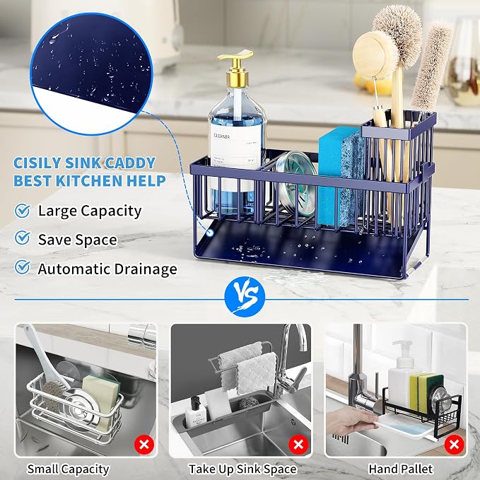 Cisily Navy Blue Sink Caddy Organzier with High Brush Holder, Sponge Holder for Sink, 304 Rustproof Stainless, Kitchen Countertop Soap Dispenser Organizer, Gray Blue Kitchen Decor and Accessories