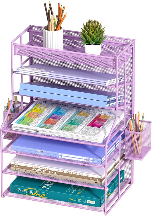 Purple 7 Tier Desk File Organizer, Metal Letter Tray Paper Organizer with Pull-Out Drawer, Removable Pen Holder & Hanging Basket, Vertical Desktop File Holder for Home Office, Classroom