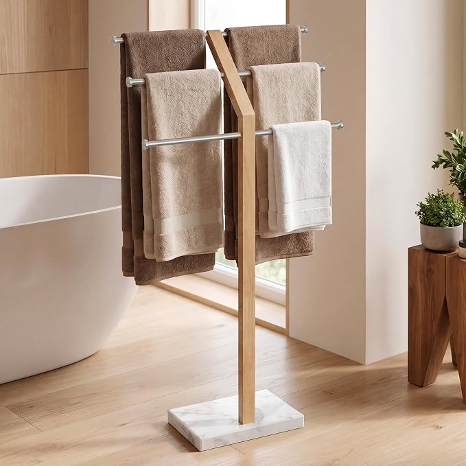 KES No Wobble Wooden Standing Towel Rack with Weighted Natural Marble Base | 3 Tier Width Adjustable Free Standing Towel Rack Stand for Bathroom, Pro-Grade 18/8 Stainless Steel, Brushed Finish