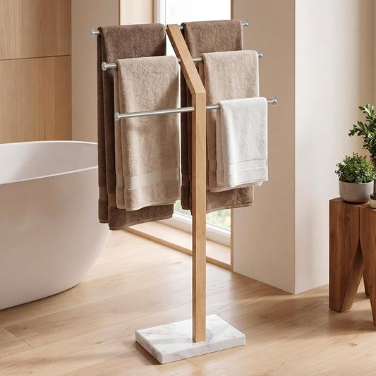 KES No Wobble Wooden Standing Towel Rack with Weighted Natural Marble Base | 3 Tier Width Adjustable Free Standing Towel Rack Stand for Bathroom, Pro-Grade 18/8 Stainless Steel, Brushed Finish