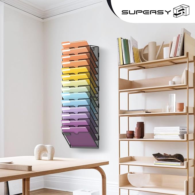 SUPEASY 14-Tier Wall File Organizer, Mesh Hanging Wall Mount File Holder | Paper, Folder, Magazine Rack Great for Office Home School, Assembly Needed, Black