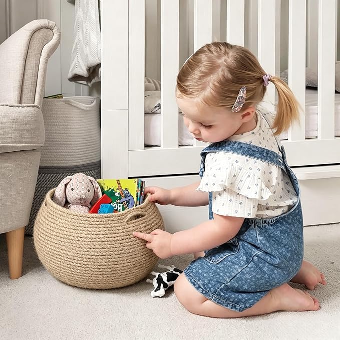 Goodpick Round Small Wicker Storage Basket for Shelves, 10" x 8.3", Jute | Woven Baby Basket with Handles， Decorative Gift Basket, Fits Living Room Nursery Toys & Towels Storage, Plant Baskets Indoor
