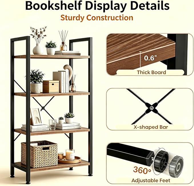 HealSmart 4 Tier Bookshelf, Free Standing Book Shelf Home Office Bookcase Shelf Storage Organizer for Bedroom, Bathroom, Living Room, Office, Balcony, Rust Brown