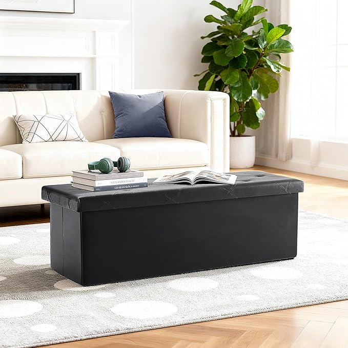 DUMOS 43 Inch Folding Storage Ottoman Bench, Large Ottoman with Storage | Storage Chest with Padded Seat, End of Bed Foot Rest Stool for Bedroom Living Room, Load 660 lbs, Synthetic Leather, Black