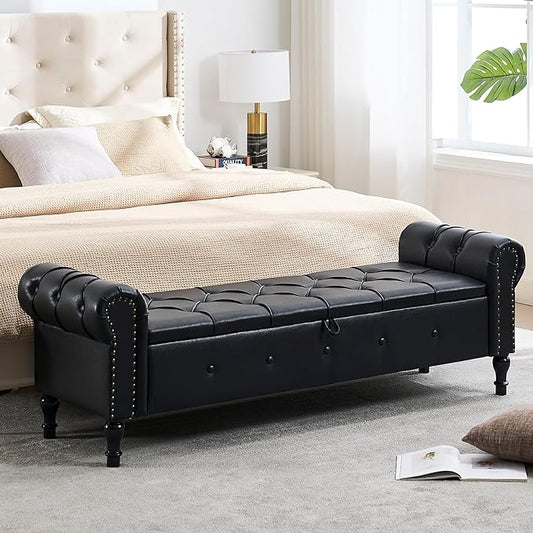 Storage Bench 67" Faux Leather End of Bed Benches Obsidian Black | King Size Storage Bench for Bedroom with Rolled Arms Tufted Ottoman Benches Upholstered Bench for Living Room Entryway