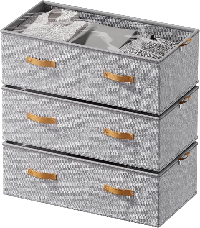 10inch 3 Pack Under Bed Storage Containers, 10 Inch Tall Underbed Clothes Storage Organizer Bin with Clear Window，Foldable Box Basket for Clothes, Closet, Bed Sheets and Blankets Light gray