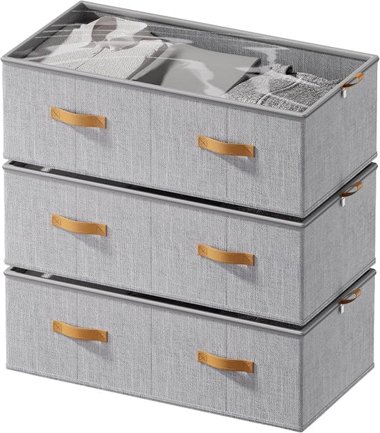 10inch 3 Pack Under Bed Storage Containers, 10 Inch Tall Underbed Clothes Storage Organizer Bin with Clear Window，Foldable Box Basket for Clothes, Closet, Bed Sheets and Blankets Light gray