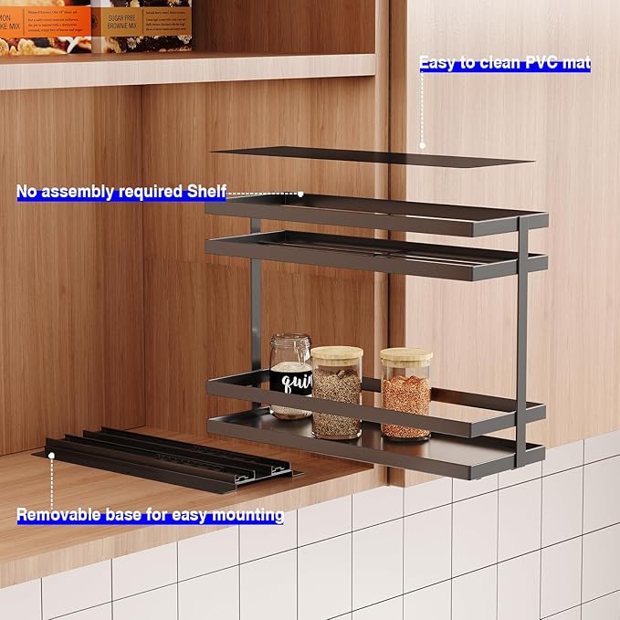 Mustorn 2 Pack Pull Out Spice Rack Organizer for Cabinet, 2 Tier Metal Slide Out Seasoning Organizer and Storage Heavy Duty Vertical Spice Rack Shelf Pullout for Kitchen Cabinets No Drilling (Black)
