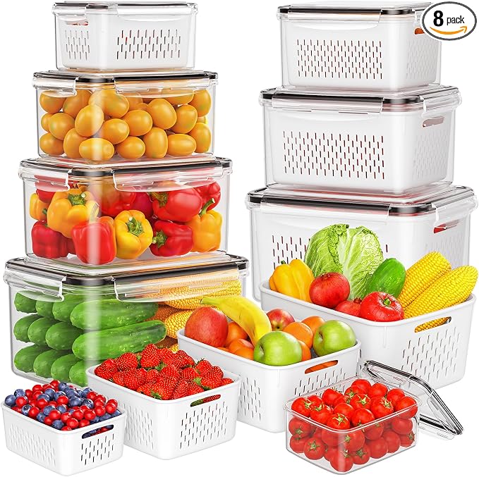8-Pack Fruit Storage Containers for Fridge, Leakproof Fruit Containers for Fridge with Colanders, BPA-Free Produce Storage Containers with Lids Keep Fruits, Vegetables, Berry, Meat Fresh longer