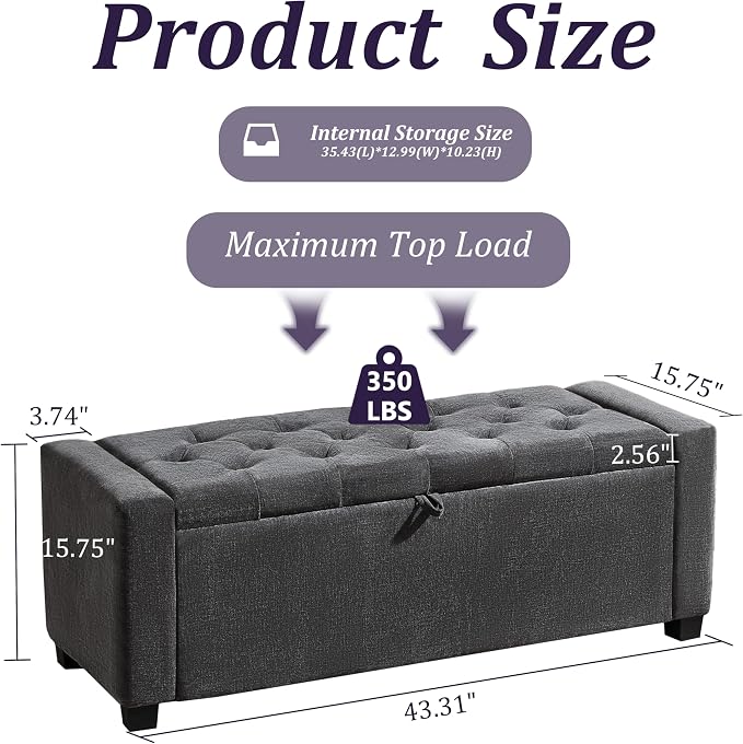 Royal Windsor Ottoman with Storage,Tufted Storage Bench with Safety Hinge,Holds up to 350 lb,Upholstered Bench with Seating for Bedroom, Living Room,Entryway,Linen Dark Gray