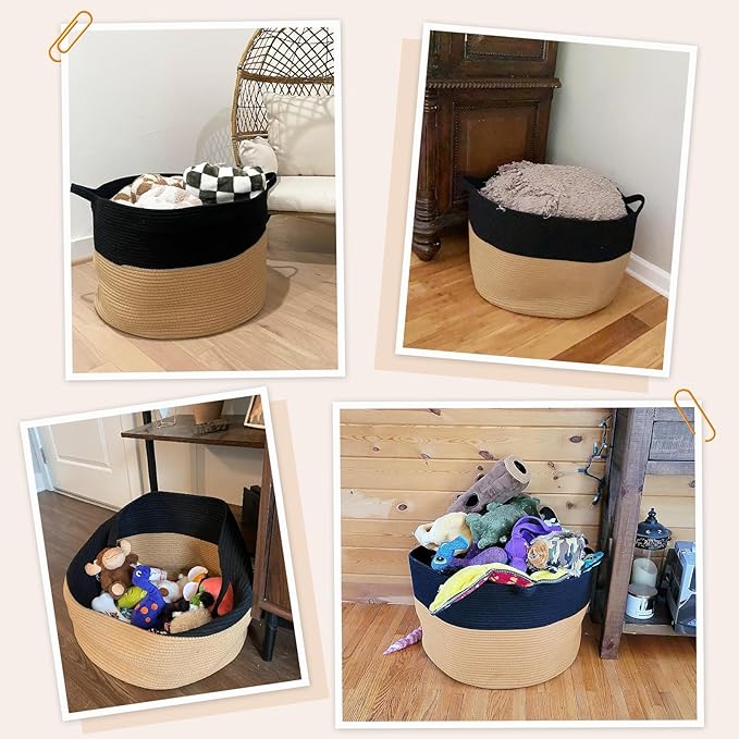 INDRESSME XXXLarge Woven Rope Blanket Basket Living Room Black Camel, 90L | 21.7" x 13.8" Storage baskets for toys laundry & pillows. Fits living room, bedroom or nursery décor. Soft-touch with handles
