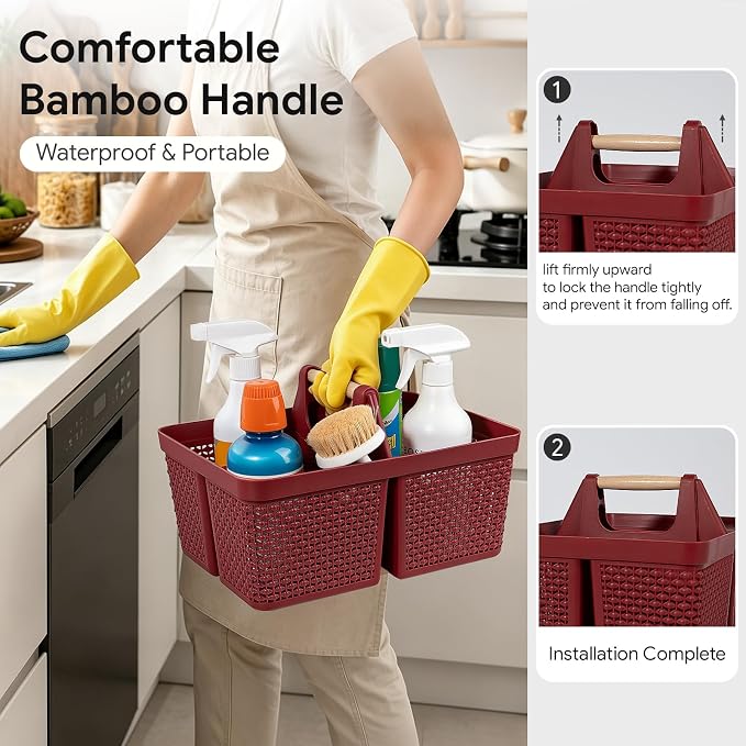 UUJOLY Portable Plastic Shower Caddy Basket with Wooden Handle, Red | Divided Storage Organizer Tote for Bathroom, Dorm, College, Kitchen & RV – Lightweight, Easy-Carry Essentials Caddy