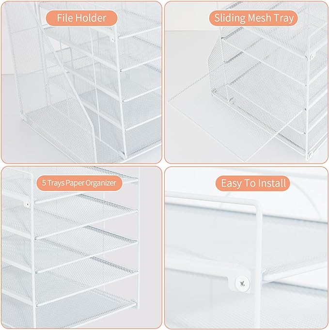 LEKETREE Desk Organizers and Accessories, 5-Tier Paper Letter Tray Organizer with File Holder, Desktop Organizer for Office Supplies (White)