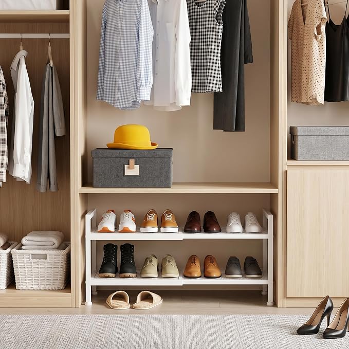 Shoe Rack, Expandable Shoe Rack for Closet, Adjustable Shoe Organizer for Entryway, Shoe Storage Organizer for Door Entrance, Garage, Bedroom (White, 2-Tier)