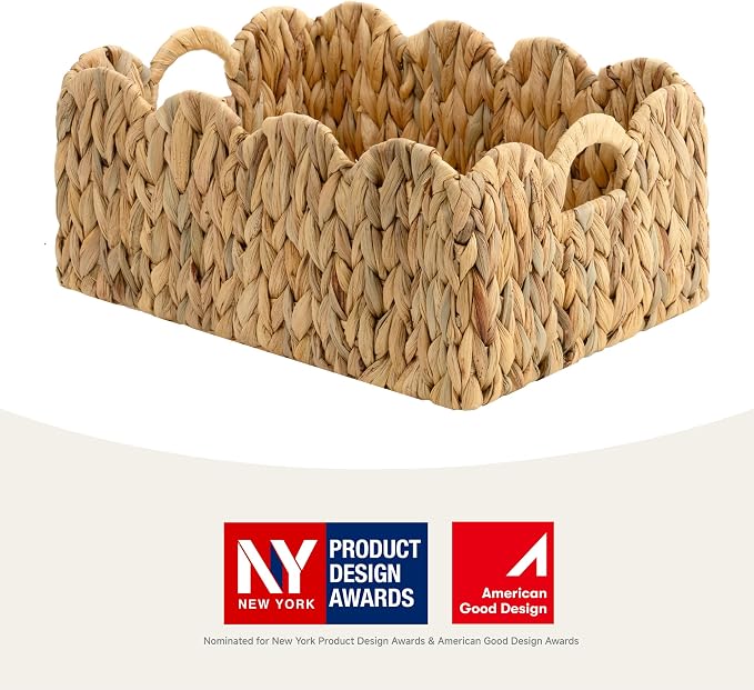 StorageWorks Scalloped Water Hyacinth Baskets, Hand-woven Rattan Baskets with Built-in Handles, Cute Baby Basket for Nursery, Basket for Organizing and Decor, 15"L x 11"W x 6¾"H