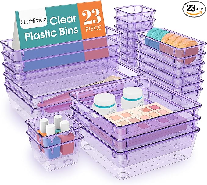23 PCS Drawer Organizer Set, 5 Size Bathroom and kitchen organizer Trays | Bathroom and kitchen Drawer cabinet organizer Trays, Clear Storage Bins for Makeup, Jewelry, Utensils and Gadgets