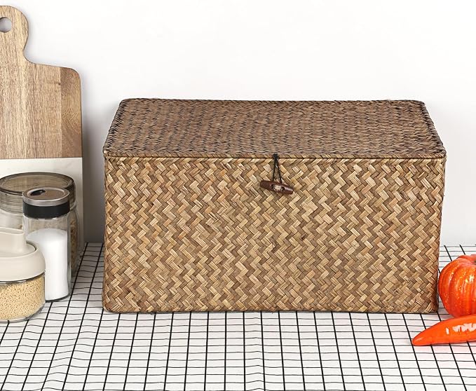 Hipiwe Wicker Shelf Baskets Bin with Lid Woven Storage Box, Coffee X-Large | Handmade Seagrass Basket Storage Bins Rectangular Household Basket Boxes for Shelf Wardrobe Home Organizer