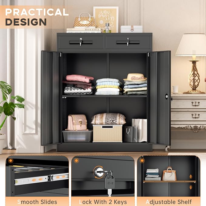 INTERGREAT Metal Garage Storage Cabinets with Lock,Steel Storage Cabinet with Drawer and 2 Adjustable Shelves, Small Lockable Office Steel Cabinet for Home, Warehouse, School, Black