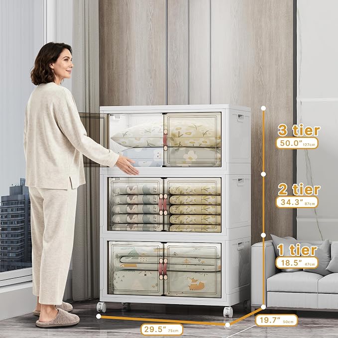 UAMFURI Stackable Storage Bins, 672QT Collapsible Drawers with 2 Lids | Large Capacity, Magnetic Door, Stack Lock, Rolling Wheels, Foldable Design, Organizers and Storage for Bedroom Dorm Garage