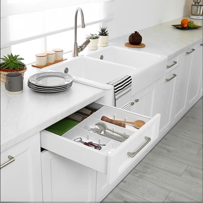 Simple Houseware Drawer Organizer Tray, 9 Adjustable Compartments, White | For Office, Makeup, and Craft Drawer or Desktop Storage