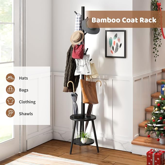 Freestanding Coat Rack with Umbrella Organizer Tray Bamboo Coat Tree Rack with 8 Hook Stand for Clothes Bag Hats Entryway Hanger Stand(Black)