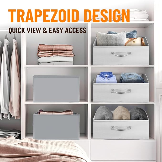 Closet Organizers Bins 6 Pack - Large Closet Shelf Organizer with Handles - Fabric Trapezoid Home Organization and Storage Baskets for Organizing Clothes Toy Blanket Towel Purse Hats