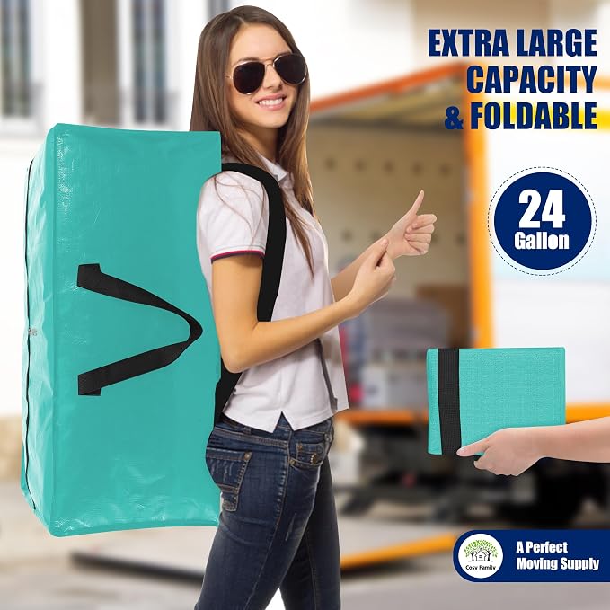 Cosy Family 4 Pack Heavy Duty Extra Large Moving Bags with Backpack Straps - Strong Handles & Zippers, Storage Totes For Space Saving, Fold Flat, Alternative to Moving Box, Aquamarine