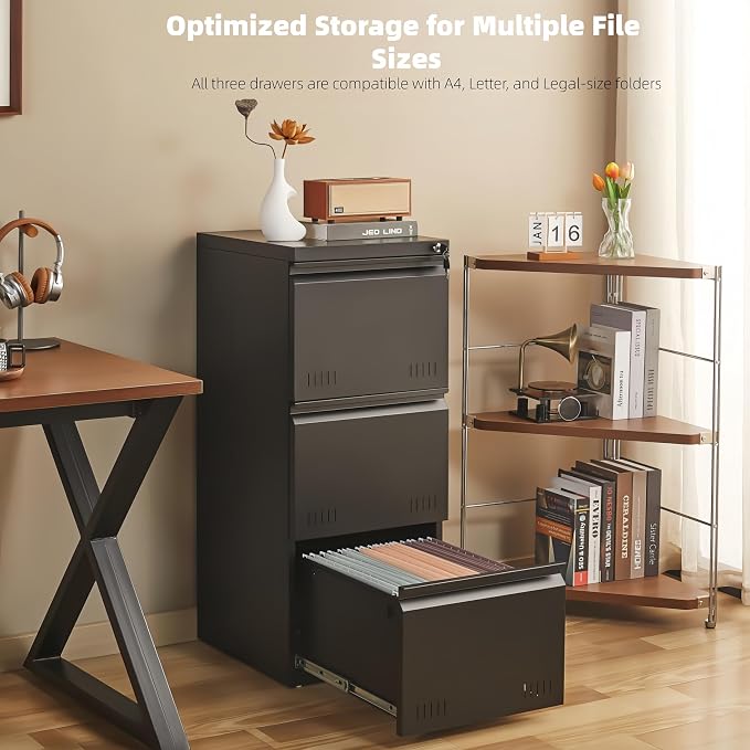 Guizeeopo Metal File Cabinet with Lock, Vertical 3 Drawer File Cabinets for Home Office, Heavy Duty Office Storage Cabinet for A4/Letter/Legal Size, Assembly Required(Black)