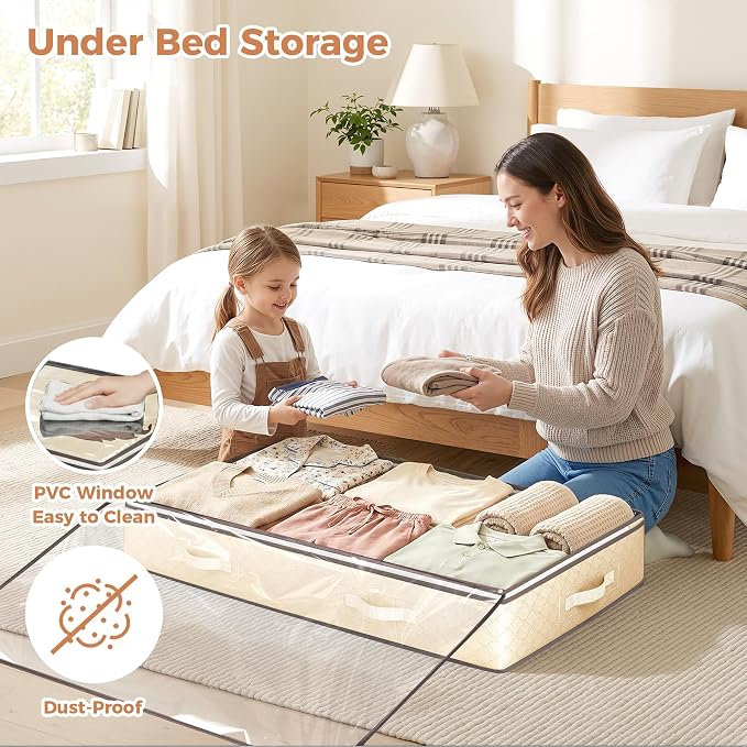 Budding Joy 6 Pack 90L Under Bed Storage Containers Beige | Clothes storage bins foldable storage bags with clear window for blanket, comforter, sweaters, pillows, wrapping paper