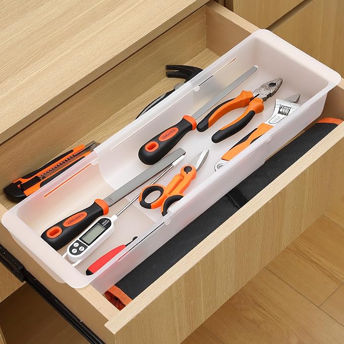 2 Pack Adjustable Deep Drawer Organizer Storage Bin(17" to 27”) | Expandable Drawer Storage, Adjustable Size, Kitchen Cabinet Organization
