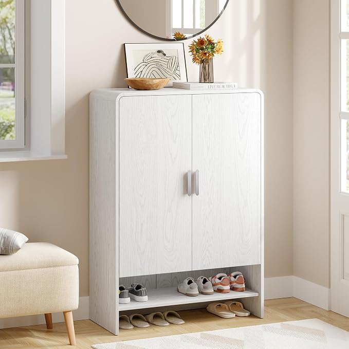 6-Tier Shoe Storage Cabinet, 45'' Large Farmhouse Shoe Cabinet for Entryway, Modern Wooden Shoe Rack Organizer with Doors and Shelves, for Front Door Hallway (White)