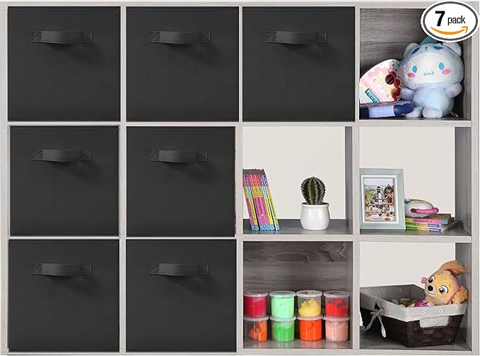 11x11 Inch Storage Bins Cubes, Fabric Foldable Storage Box, Collapsible Closet Organizer for Clothes, Blankets, Office, Bedroom, Living Room, Shelf Cabinet, Bookcase, Black, 7 Pack